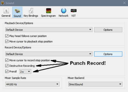 Ocenaudio Punch Record Settings